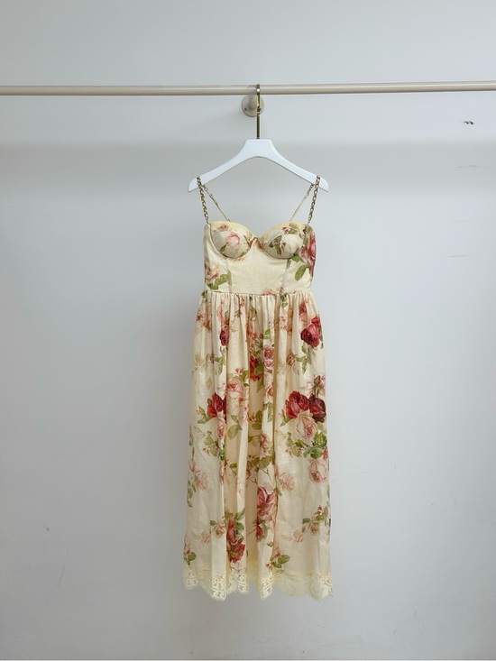 Zimmermann Dresses & Skirts - Zimmermann Cream Floral Bustier Midi Dress with Gold Chain Straps